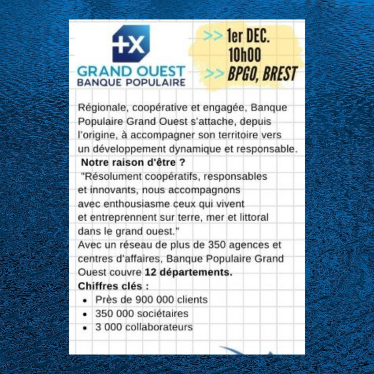 Inscription Banque Populaire du Grand Ouest – Mercredi de l’entreprise, 1er déc. 10h00 Brest